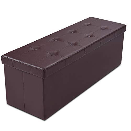 Safeplus Folding Storage Ottoman Bench, 45\" Large Ottoman Space-Saving Bench,Faux Leather Storage Chest with Memory Foam,Footrest Padded Stool Seat for Bedroom Toy Chest, Brown,Leather