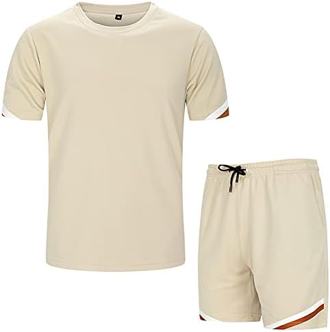 DUOFIER Men's Casual Tracksuit Short Sleeve Running Jogging Athletic Sweat Suits Set, Khaki-L