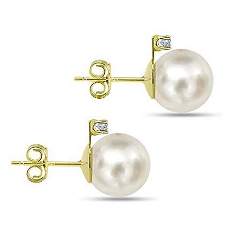 Freshwater Cultured White Pearl Diamond Earrings 14K Yellow Gold Studs 1/50 CTTW 7-7.5mm2
