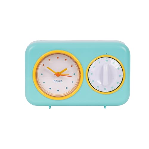 Fisura - Temporizador de Cocina Retro Verde Menta. Temporizador de Cocina analógico de 60 Minutos. Temporizador multifunción con Reloj y función de Alarma. Temporizador Pomodoro.