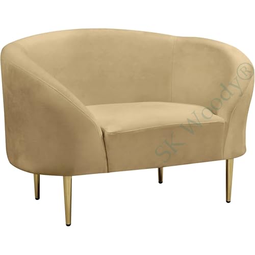 Image of Rosewood Luxury Curved Sofa in Premium Velvet-Fabric | Solid Wood Structure | High Density Foam | Sturdy Golden Legs | Comfortable & Stylish Couch for Modern Living Room (Camel, 1 Seater)