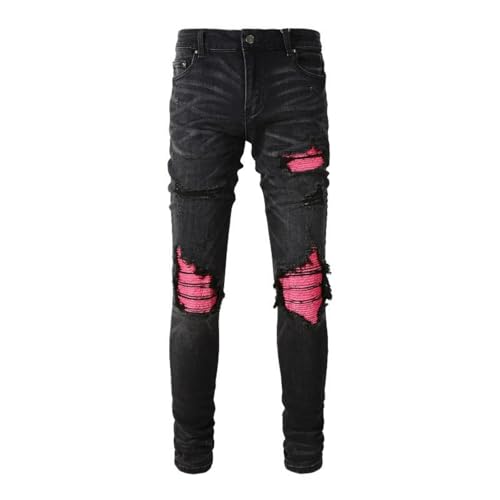 Jeans Pants Trouser Denim Worn Holes Perforated Street Trendy Elastic Black Pleated Personalized Slim Fit Casual Small Leg for Men(Black,31)2