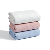Meracorallo Muslin Swaddle Blanket, 100% Cotton Receiving Blanket Soft and Breathable Swaddle Wrap for Baby Boys and Girls, 3 Pack, Sky Blue+Pink+White