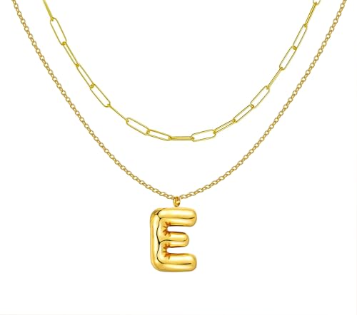 Only faith Collar letras Iniciales Globo Cadena Eslabones Acero Inoxidable Collar doble capa colgante Letra Burbuja para Mujer Moda de Tendencia (E - Dorado)