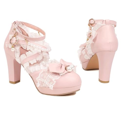 Parisuit Womens Cute Kawaii Mary Jane Pearl Bow Lolita Cosplay Shoes Lace Heels Chunky Platform Pumps with Ankle Strap Round Toe Dress Shoes3