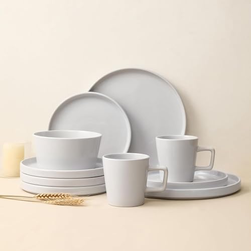 Image of Stone Lain Celina Modern Stoneware 16-Piece Dinnerware Set, Plates and Bowls Set, White Glossy, Dish Set Service For 4
