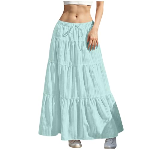 2025 Maxi Skirts for Women Boho Flowy Swing Tiered A-Line Skirt Casual Drawstring Elastic High Waist Pleated Skirts2