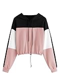 SweatyRocks Women's Casual Long Sleeve Colorblock Pullover Hoodie Sweatshirt Crop Top Black Pink Medium