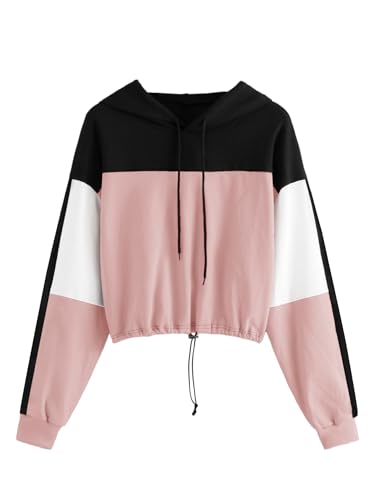 SweatyRocks Women's Casual Long Sleeve Colorblock Pullover Hoodie Sweatshirt Crop Top Black Pink X-Small