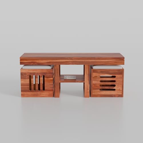 Image of Jangid Handicraft Sheesham Wood Coffee Table with 2 Stool | Wooden Rectangle Sofa Centre Table with Stool | Tea Center Table with 2 Stools for Living Room | Patio Teapoy Table with Two Puffy, Honey