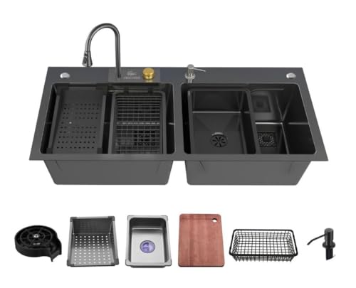 Image of CROCODILE Nano Black Single Bowl Smart Kitchen Sink, 304-Grade Stainless Steel, 47x18x9 inches, Matte Black Finish, with Integrated Waterfall, Cup Washer, Drain Basket, RO Tap and Pull Out Faucet