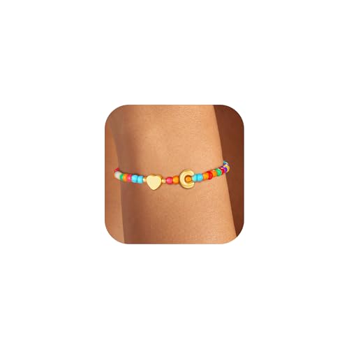 Image of Colorful Initial Bracelets for Women Girls, Cute Beaded Heart Shell Initial Bracelets Teen Gilr Gifts Trendy Stuff Gold Charm Bracelet Gifts for Women