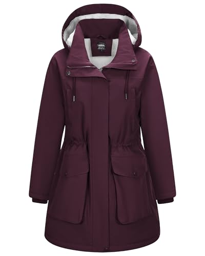 Outdoor Ventures Damen Regenjacke Lange Wintermantel mit Kapuze Frauen Wasserdicht Windbreaker Verdickene Warm Outdoorjacke Funktionsjacke für Wandern Laufen Sporten Weinrot...