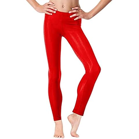 adam & eesa® Kids Girls Full Length High Waist Shiny Disco Legging Stretchy Pants Children Comfortable Tights for 80’s Party Dance & Sexy Look in 3 Colours UK Size (5-12 Years) Red Cover