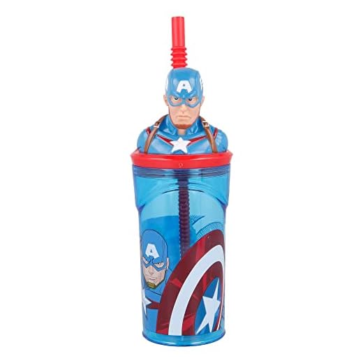 Stor Vaso Infantil Reutilizable con Pajita y Tapa con figurita 3D y Capacidad de 360 ml los Vengadores - Avengers Comic Heroes Captain America