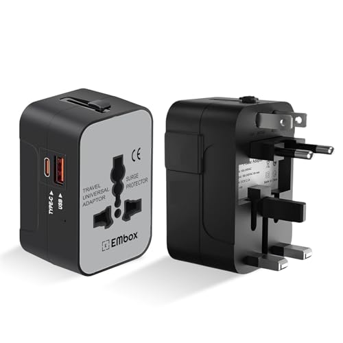 Image of Embox Universal Travel Adapter | All-in-One Worldwide Charger Adapter with Type C, USB & Type A Ports | Supports 224+ Countries | International Plug for Phone, Laptop, Gadgets (Black-Type C)