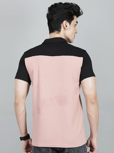 Image of London Hills Men's Loose Fit Half Sleeve Color Block Polo T-Shirt with Zip Collar | Premium Polyester Fabric | T Shirt for Man | Tshirt | Shirts Men | Tshirt for Man | Men T-Shirts
