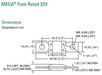 - 0298400 Bolt Down Auto Fuse, 400A, 32V, Aluminum, Mega Series