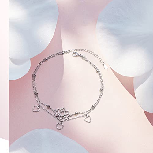 Image of Flyow Anklet for Women S925 Sterling Silver Adjustable Foot Beaded Heart Charm Ankle Bracelet Anklets Jewelry
