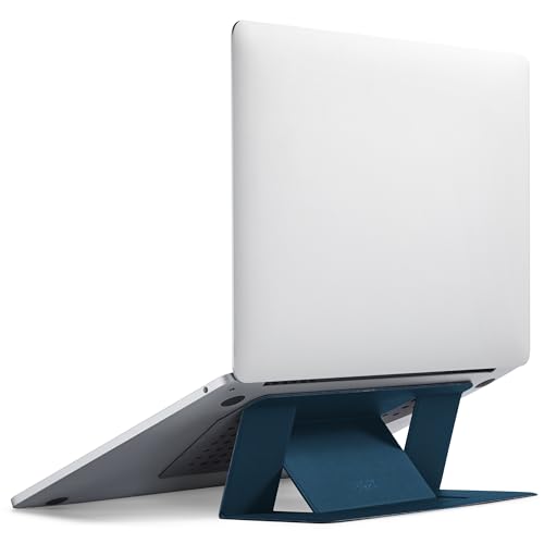 Image of MOFT Laptop Stand for Desk, Adhesive MacBook Computer Stand with 2 Adjustable Viewing Angles, Foldable and Portable Laptop Riser Compatible with 11 inch-16 inch Laptops, Blue(Adhesive Version)