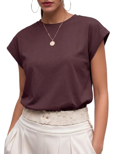 GRECERELLE Womens Summer Tops Cap Sleeve Crew Neck Basic T-Shirt Rosewood