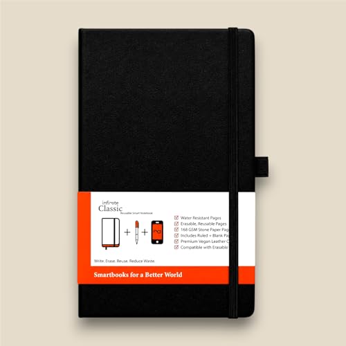 Image of Infinote Classic Reusable Stone Paper SmartNotebook Planner - Powered by App, Includes 1 Erasable Pen (Black-Signature, Large 13 x 21)