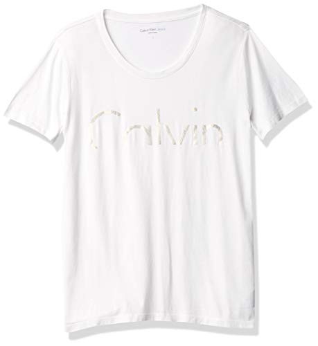 Calvin Klein Jeans Women's Short Sleeve Cropped Calvin Logo Crew Neck T-Shirt, Classic White, LARGE