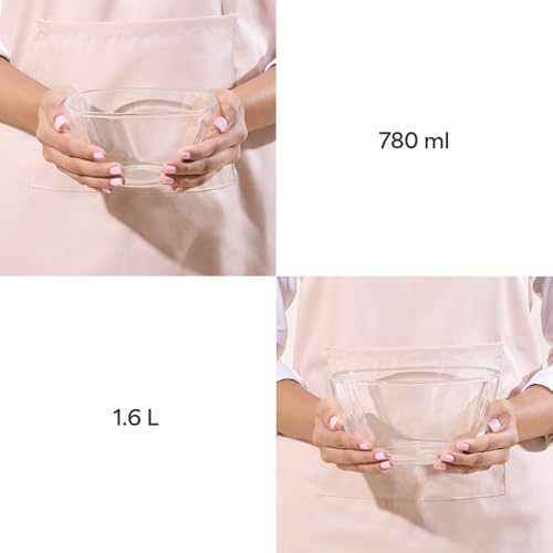 Image of Borosil Square Shape Serving & Mixing Bowl | Borosilicate Glass Bowl for Kitchen & Dinning | Bowl for Mixing Dough, Salad, Batter | Microwave & Dishwasher Safe | Transparent (780ml + 1.6 L)