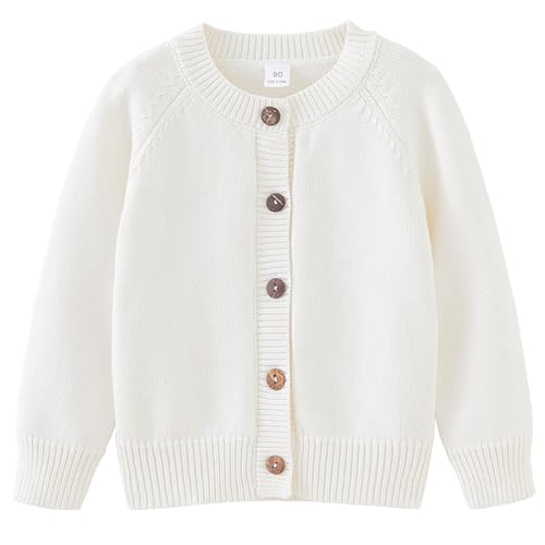 Vivobiniya Unisex Teen Long Sleeve Knit Cardigan Kid boy and Girls Fall/Winter Sweater Classic Round Neck 100% Cotton (US, Age, 11 Years, 12 Years, White)