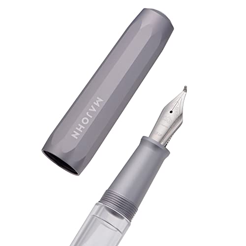 Majohn T1 Piston Fountain Pen Bent Nib Fude Pen Gray Aluminium Transparent Acrylic Large Ink Capacity Writing Pen Box Set