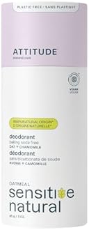 ATTITUDE Baking Soda Free Deodorant for Sensitive Skin with Oatmeal and Chamomile, EWG Verified, Aluminum Free, Plastic-Free, 3 Ounces