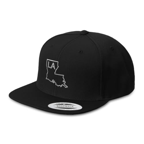 Snapback Hat for Men Flat Brim Louisianian Map La Lou. Luisiana Pelican The Boot Embroidered Bill Cap Acrylic Black Design Only