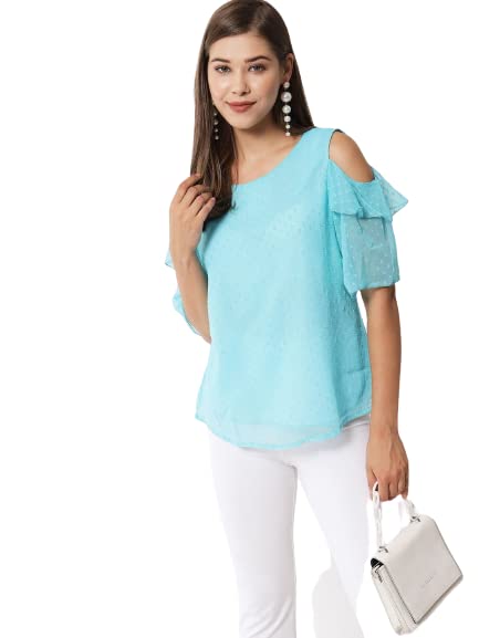 Vivient Women Sky Blue Doted Off Shoulder Top