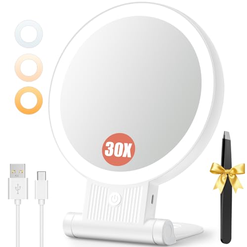 Auxmir 1X/30X Magnifying Mirror with Light, Double Sided Makeup Mirror with Adjustable 3 Color Light, 2000mAh Rechargeable Lighted Magnifying Mirrors with Tweezer, Foldable Travel Mirror with Rotation