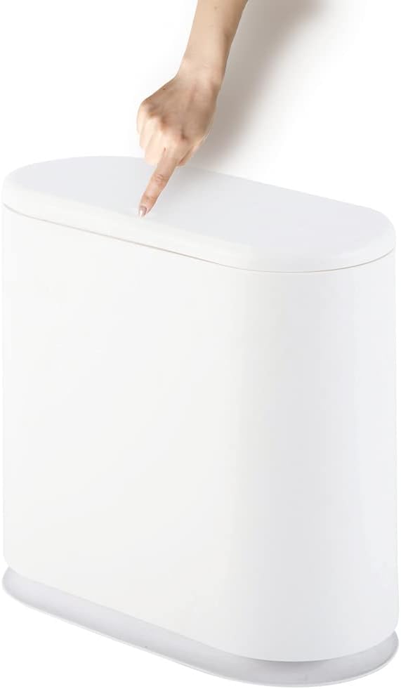 10 Liter Rectangular Plastic Trash Can Wastebasket with Press Type Lid, Garbage Container Bin for Bathroom,Powder Room,Bedroom,Kitchen,Craft Room,Office (White)