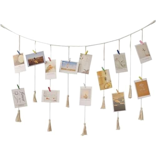 AIYONG Decoración de Pared de Foto, DIY Marcos de Fotos para Colgar Fotos, Boho Cuerda de Fotos con Borla, Macramé para Decoración del Hogar, Fiesta de Boda, Guirnalda (100 cm x 70 cm)