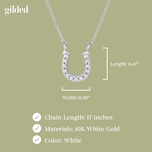 GILDED 10K White Gold Horseshoe Necklace with Natural Round-Cut Diamonds and 17" White Gold Rope Chain, 14K Yellow Gold Plated on Sterling Silver Horseshoe Necklace and 17" Cable Chain, 1/10 Carat Total Weight Diamonds & Elegant Gift Box Included4