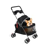 4 Räder, faltbarer Hunde- und Katzenkäfig, Jogger-Kinderwagen mit Ganzjahresfunktion, Getränkehalter, atmungsaktives und sichtbares Netz for kleine/mittlere Haustiere, tragbare Haustierausrüstung