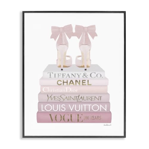 Image of Stupell Industries Chic Pink Bow Shoes Glam Fashion Bookstack, Designed by Amanda Greenwood Black Framed Wall Art, 16 x 20