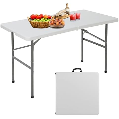 Saicool 4FT Folding Table,Portable Heavy Duty Indoor Outdoor Plastic Camping Table w Carring Handle Lock for Picnic, Party, BBQ,White Cover