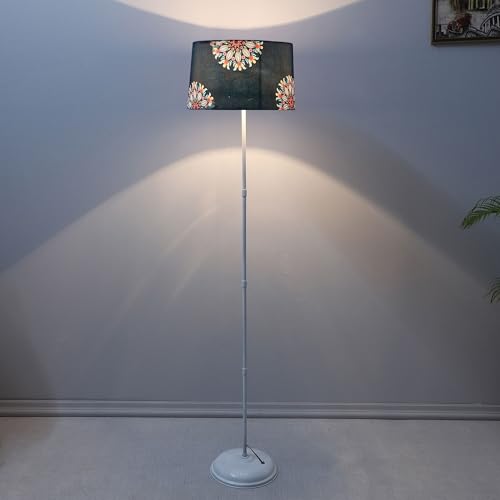 Image of tu casa White Metal-Iron Base Foldable Floor Lamps with French Floral Print & Satin Shade for Bedroom, Living Room, Lounge, Office Area, Gifting Without Bulb for Home Decoration (Height - 57 inch)