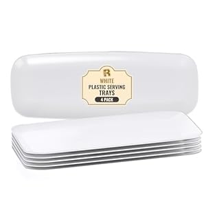R-kay 4 Pack White Plastic Serving Trays for Party – White Serving Tray 17 by 6.5 in – Rectangular Heavy Duty Dessert Trays for Food