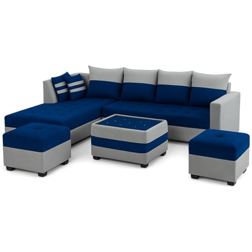 Image of FURNY Stolan 8 Seater Fabric LHS Sectional L Shape Sofa Set with Centre Table & 2 Puffy- (Blue-Light Grey Color)