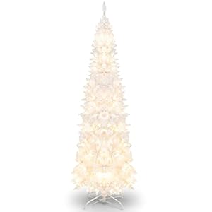 HAPPYGRILL 7FT Pre-Lit White Pencil Christmas Tree Artificial Slim Tree, Hinged Xmas Tree with 800 Branch Tips, 300 LED Lights, 8 Lighting Modes HAPPYGRILL 7FT Pre Lit White Pencil Christmas Tree Artificial Slim Tree Hinged Xmas Tree with 800 Branch Tips 300 LED Lights 8 Lighting Modes