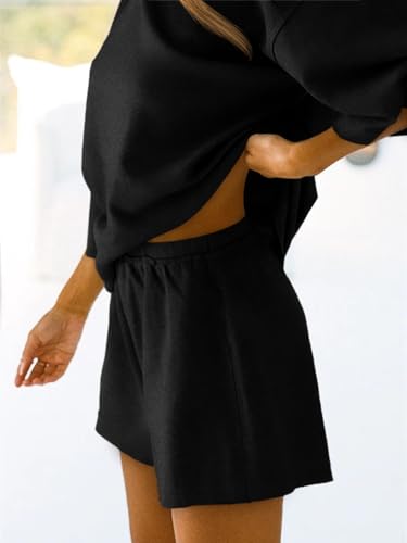 Image of Tankaneo Womens Pajama Sets 3 /4 Sleeve Oversized Tops & Loose Fit Shorts Lounge Set with Pockets Loungewear