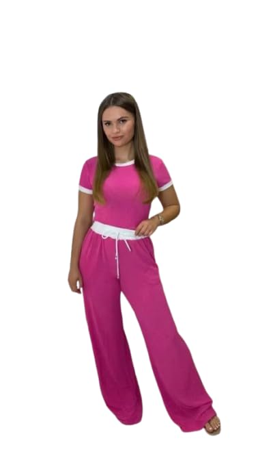 Ensemble 2 pièces côtelé femme avec haut court et pantalon décontracté à bords contrastés