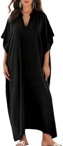 Eddoyee Womens Kaftan Maxi Dresses V-neck Short Sleeve Solid Batwing Caftan Swimsuit Cover-Ups for Beachwear