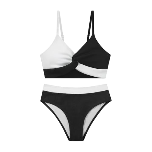 Weixinbuy Girls' Swimsuit Kid Two-Piece V-Neck Bikini Set Spaghetti Strap Twist Cross Bathing Suit Swimwear Size 13-14 White and Black
