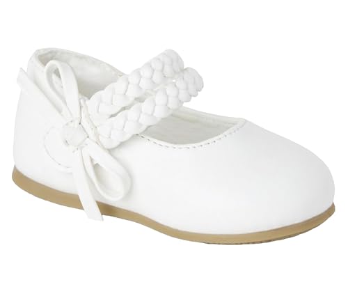 Little Girls’ Mary Jane Shoes with Braided Strap & Bow, Special Occasion Ballet Flats