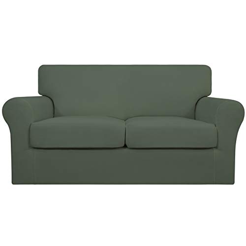 Image of Easy-Going 3 Pieces Stretch Soft Couch Cover for Dogs - Washable Sofa Slipcover for 2 Separate Cushion Couch - Elastic Furniture Protector for Pets, Kids (Loveseat, Greyish Green, Medium) | Sofa Slipcover for Stretch 2 Separate Sectional Cushion Couch - Furniture Protector for Pets, Kids Greyish Green